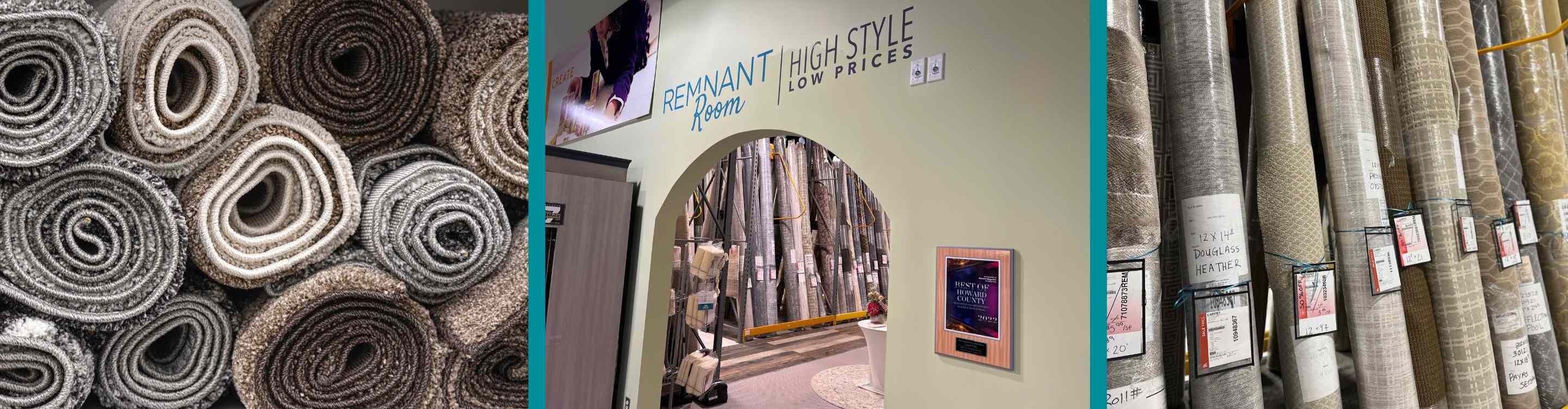 Carpet rolls, with prices remnant room entrance