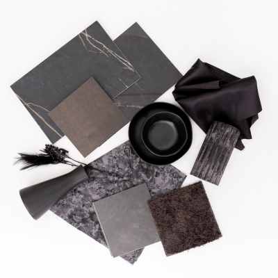 return to noir moodboard with hardwood, luxury vinyl , tile and carpet flooring