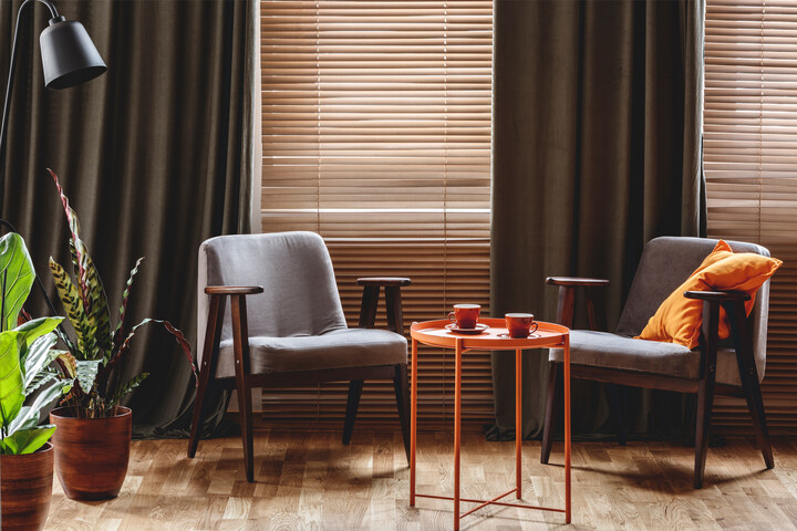 midecentry modern living room with grey chairs